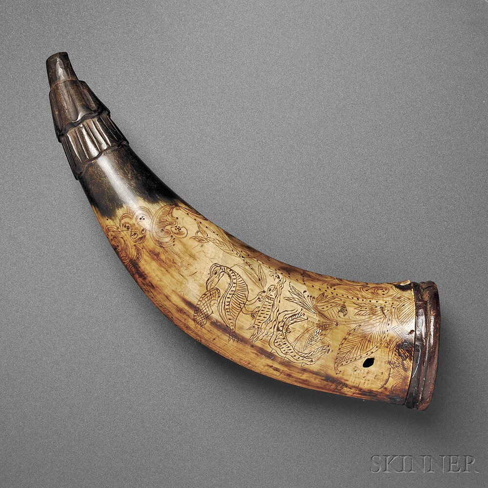 French and Indian War Powder Horn of Rufus Hill, mid to late 1750s (Lot 101, Estimate $4,000-$6,000)