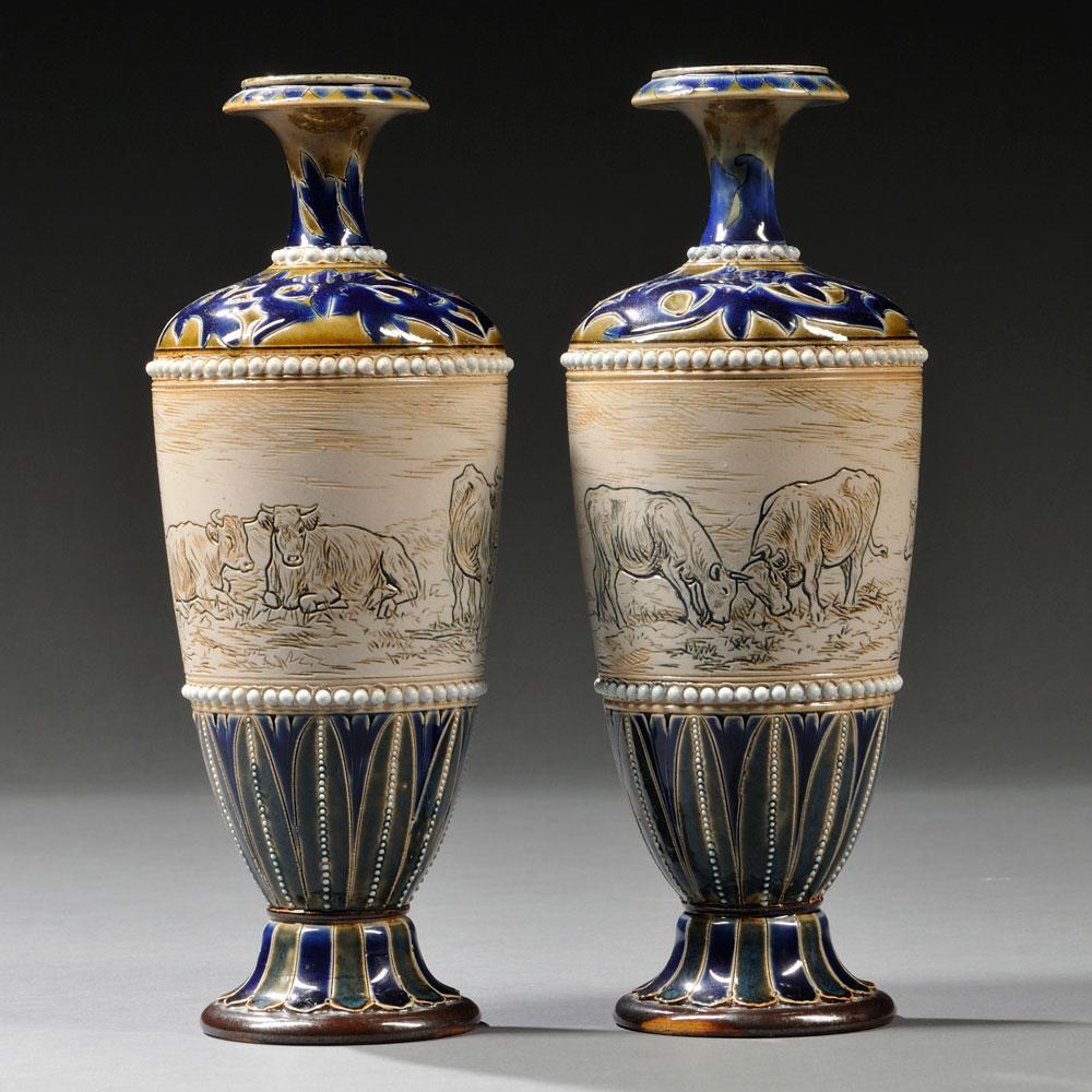 Pair of Doulton Lambeth Hannah Barlow Decorated Stoneware Vases, England, 1879 (Lot 547, Estimate $800-$1,200)