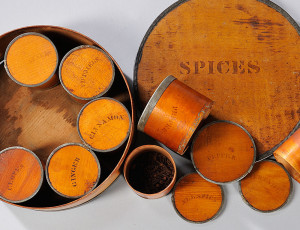 Stenciled Round Spice Box, Patent Package Co., Newark, New Jersey, 19th century (Lot 482, Estimate $150-$250)