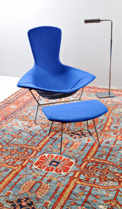 Harry Bertoia 'Bird' chair, Knoll ottoman, and Koch & Lowry chrome swing lamp on 1880 Karaja carpet (Lot 163, Estimate $8,000-$10,000).