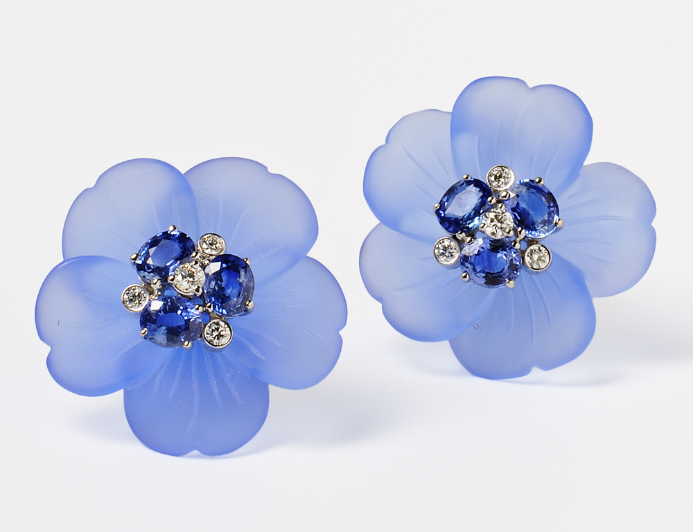 18kt White Gold, Dyed Blue Chalcedony, Sapphire and Diamond Earclips, Aletto Bros. (Lot 1177, Estimate $3,000-$5,000) 18kt White Gold, Dyed Blue Chalcedony, Sapphire and Diamond Earclips, Aletto Bros. (Lot 1177, Estimate $3,000-$5,000)