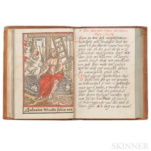 Dutch Manuscript Prayerbook with Three Hand-Colored Woodcuts, Late-15th Century. (Estimate $2,000-$2,500)