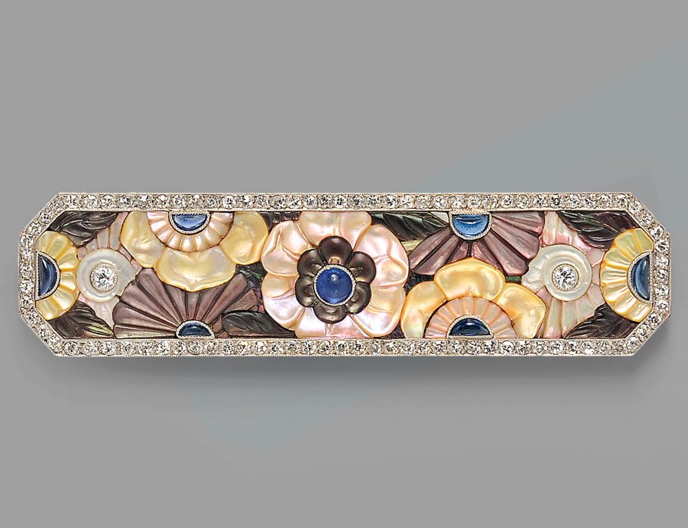 Fine Art Deco Platinum, Diamond, and Gem-set Plaque Brooch, Boucheron, Paris, c. 1925 (Lot 294, Estimate $15,000-$20,000) Fine Art Deco Platinum, Diamond, and Gem-set Plaque Brooch, Boucheron, Paris, c. 1925 (Lot 294, Estimate $15,000-$20,000)