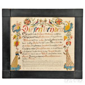 Birth Certificate Fraktur by Daniel Peterman (1797-1871), York County, Pennsylvania, c. 1826 (Lot 1036, Estimate $5,000-$7,000)