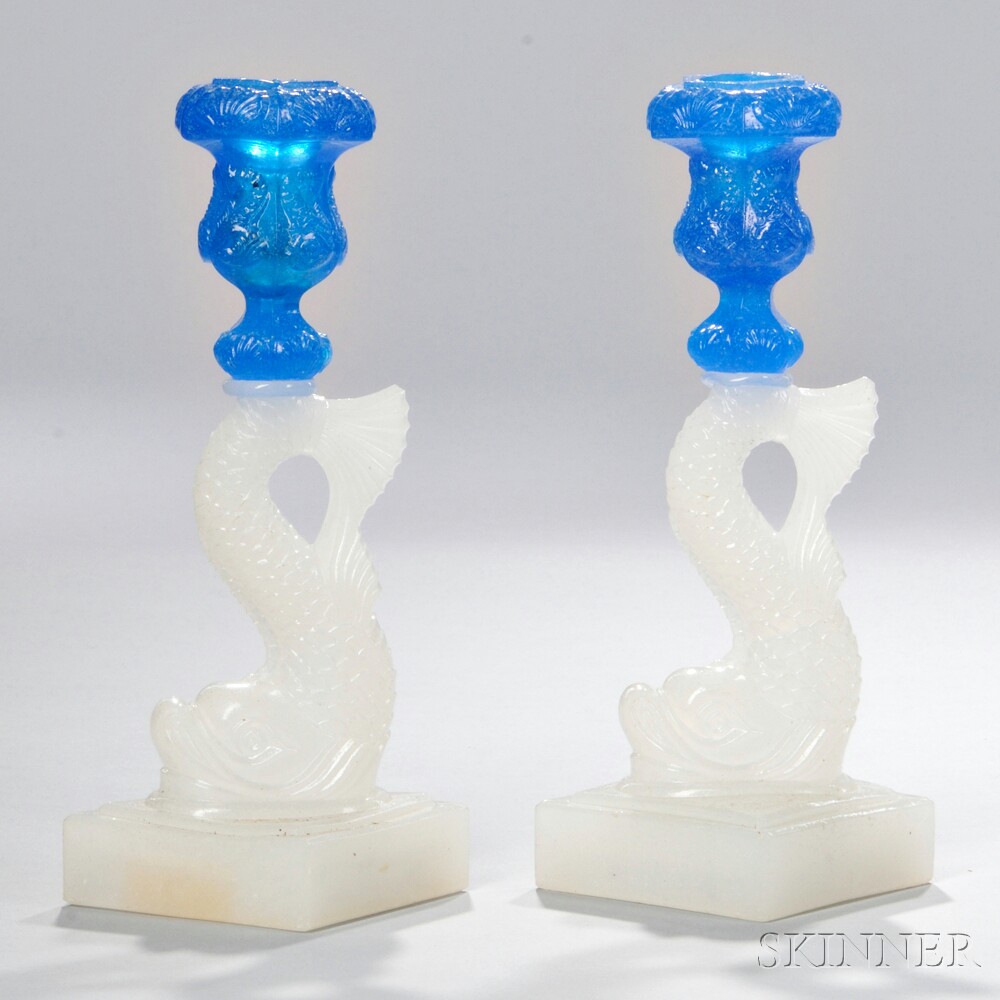 Pair of Opaque White and Blue Pressed Glass Dolphin Candlesticks, Boston & Sandwich Glass Company, Sandwich, Massachusetts, c. 1845-70 (Lot 124, Estimate $300-$500)