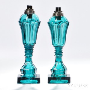 Pair of Light Green Pressed Glass Loop Pattern Lamps, Boston & Sandwich Glass Company, Sandwich, Massachusetts, c. 1840-60 (Lot 59, Estimate $800-$1,200)