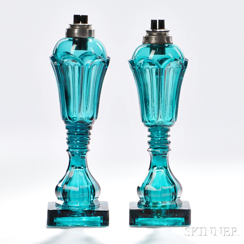 Pair of Light Green Pressed Glass Loop Pattern Lamps, Boston & Sandwich Glass Company, Sandwich, Massachusetts, c. 1840-60 (Lot 59, Estimate $800-$1,200)