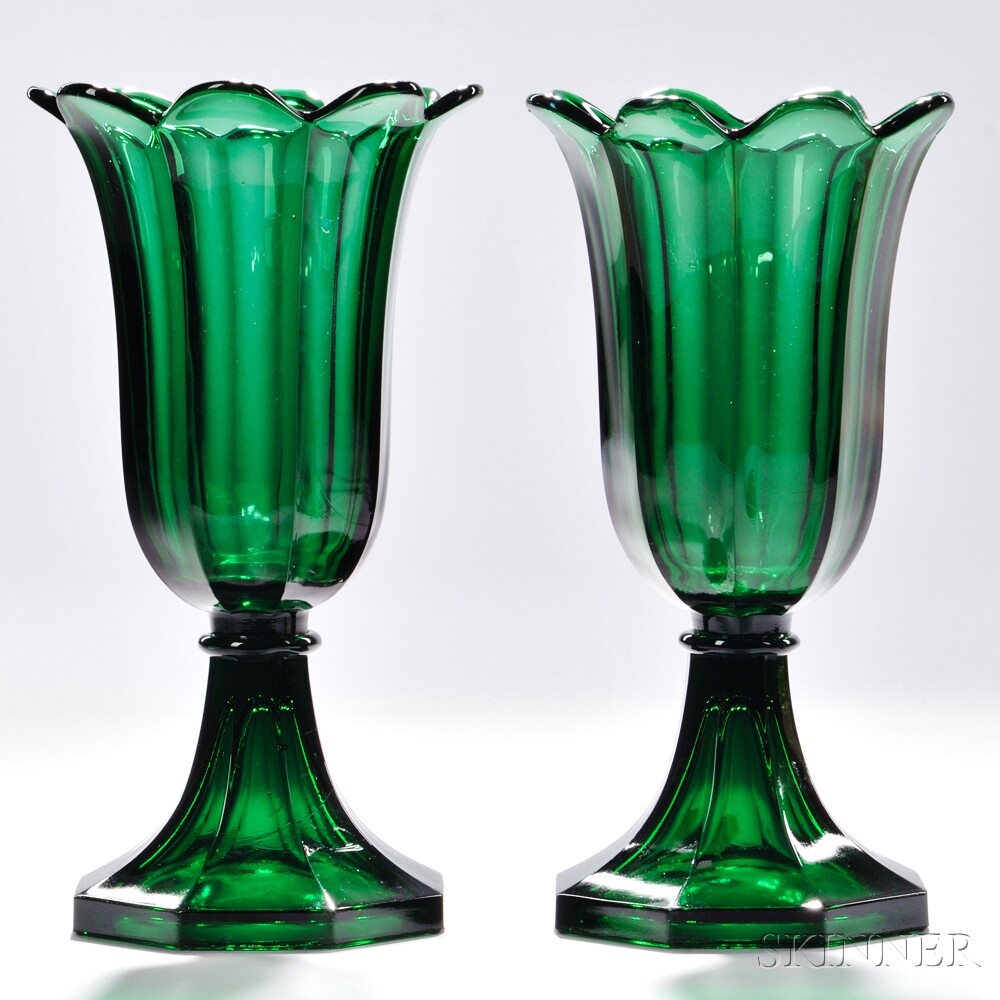 Pair of Green Pressed Glass Tulip Vases, Boston & Sandwich Glass Company, Sandwich, Massachusetts, c. 1845-65 (Lot 85, Estimate $1,000-$1,500)