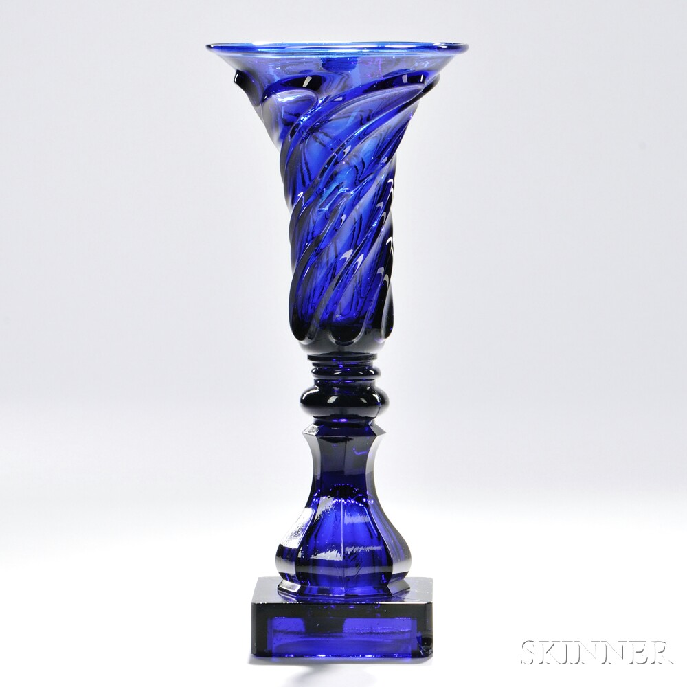 Dark Cobalt Blue Pressed Glass Twisted Loop Pattern Vase, Boston & Sandwich Glass Company, Sandwich, Massachusetts, c. 1840-60 (Lot 90, Estimate $800-$1,200)