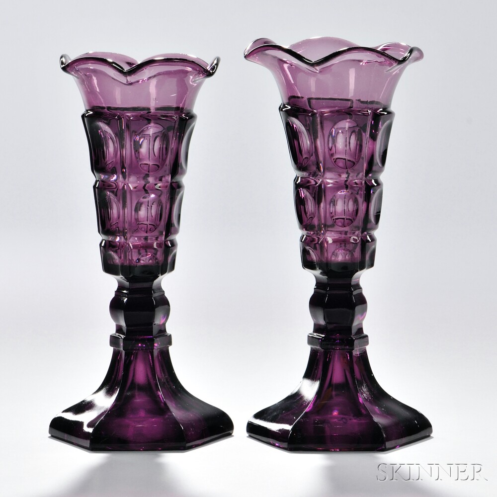 Pair of Light Amethyst Pressed Glass Three-printie Block Pattern Vases, Boston & Sandwich Glass Company, Sandwich, Massachusetts, c. 1840-60 (Lot 94, Estimate $1,000-$1,500)
