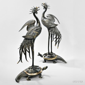 Pair of Parcel-gilt Bronze Phoenixes, Japan, Muroe Kichibe (1841-1903) (Lot 231, Estimate $8,000-$10,000)