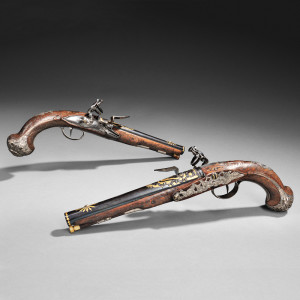 Pair of Silver-mounted Wilson Flintlock Pistols, c. last quarter 18th century (Lot 33, Estimate $8,000-$10,000)