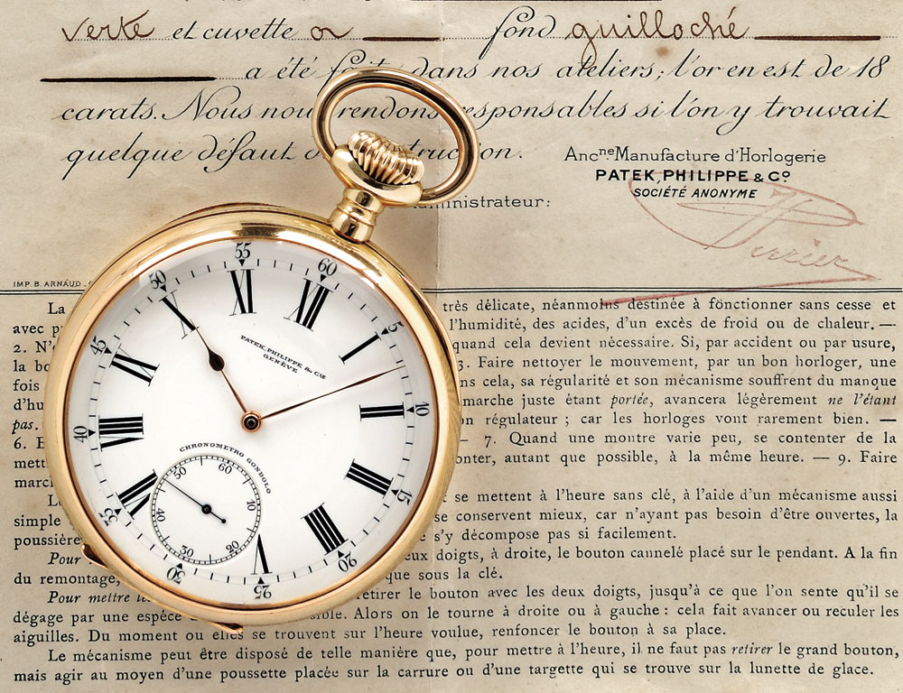 Patek Philippe 'Chronometro Gondolo' 18kt Gold Open Face Watch, Geneva, Switzerland, No. 133606, c. 1905 (Lot 86, Estimate $3,000-$5,000) Patek Philippe 'Chronometro Gondolo' 18kt Gold Open Face Watch, Geneva, Switzerland, No. 133606, c. 1905 (Lot 86, Estimate $3,000-$5,000)