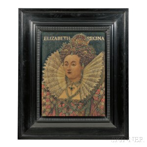 J. William Fosdick Pyrography of Queen Elizabeth Incised on reverse:1903 (Lot 693, Estimate $1,500-2,500)