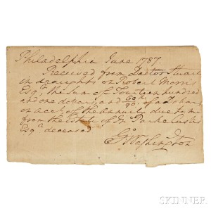 Washington, George (1732-1799) Autograph Receipt Signed, Philadelphia, June 1787. (Lot 76, Estimate $4,000-$6,000)