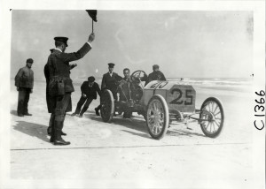 View of William Wallace and passenger in Fiat car no. 25 at starting line during the 1905 Ormond-Daytona races in Florida. Courtesy of the National Automotive History Collection, Detroit Public Library