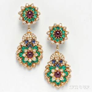 18kt Gold Gem-set Day/Night Earpendants, Van Cleef & Arpels, France (Lot 450, Estimate $30,000-40,000)