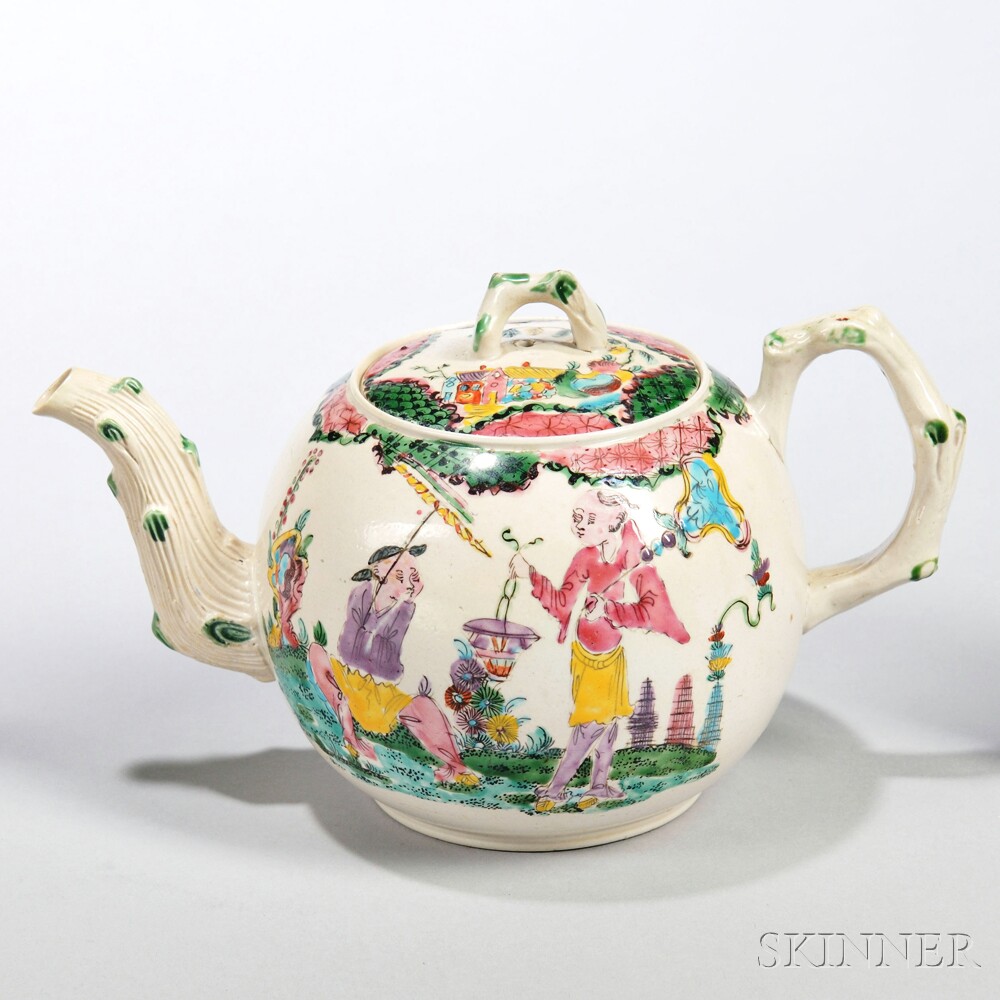 White Salt-glazed Stoneware Polychrome Enamel-decorated Teapot and Cover, England, c. 1755-65 (Lot 236, Estimate $2,500-$3,500)