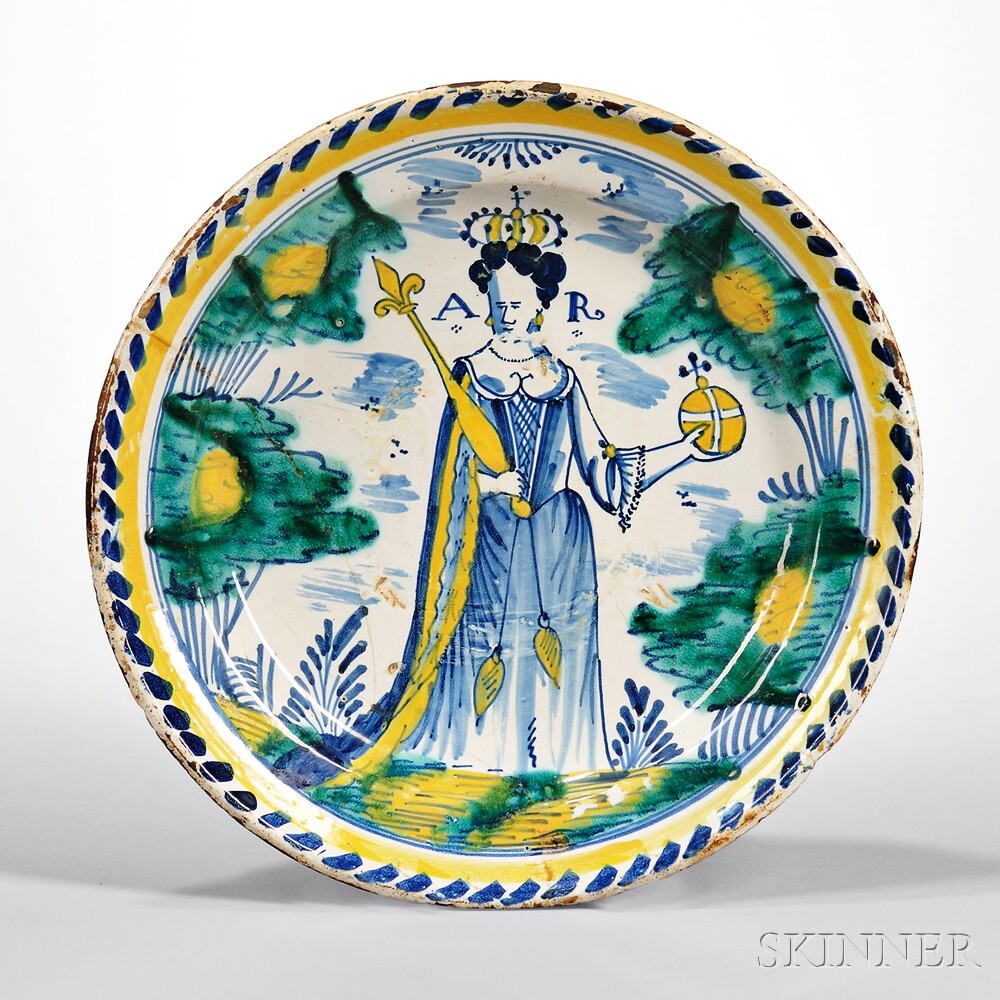 Tin Glazed Earthenware Queen Anne Charger, England, c. 1702-14 (Lot 206, Estimate $15,000-$20,000)