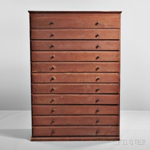 Shaker Red-stained Eleven-drawer Pine Chest, Canterbury, New Hampshire, c. 1830 (Lot 45, Estimate $15,000-$25,000)