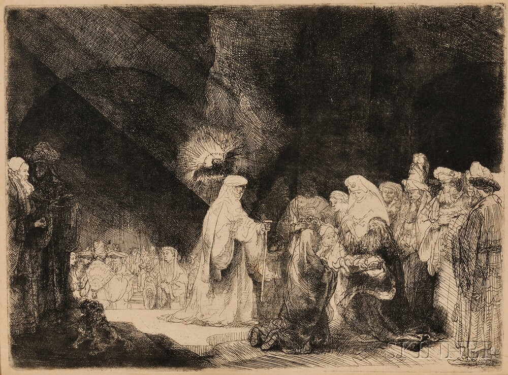 Rembrandt van Rijn (Dutch, 1606-1669) The Presentation in the Temple (Oblong Print), c. 1639, a late 18th or early 19th century impression (Lot 13, Estimate: $1,500-2,000)