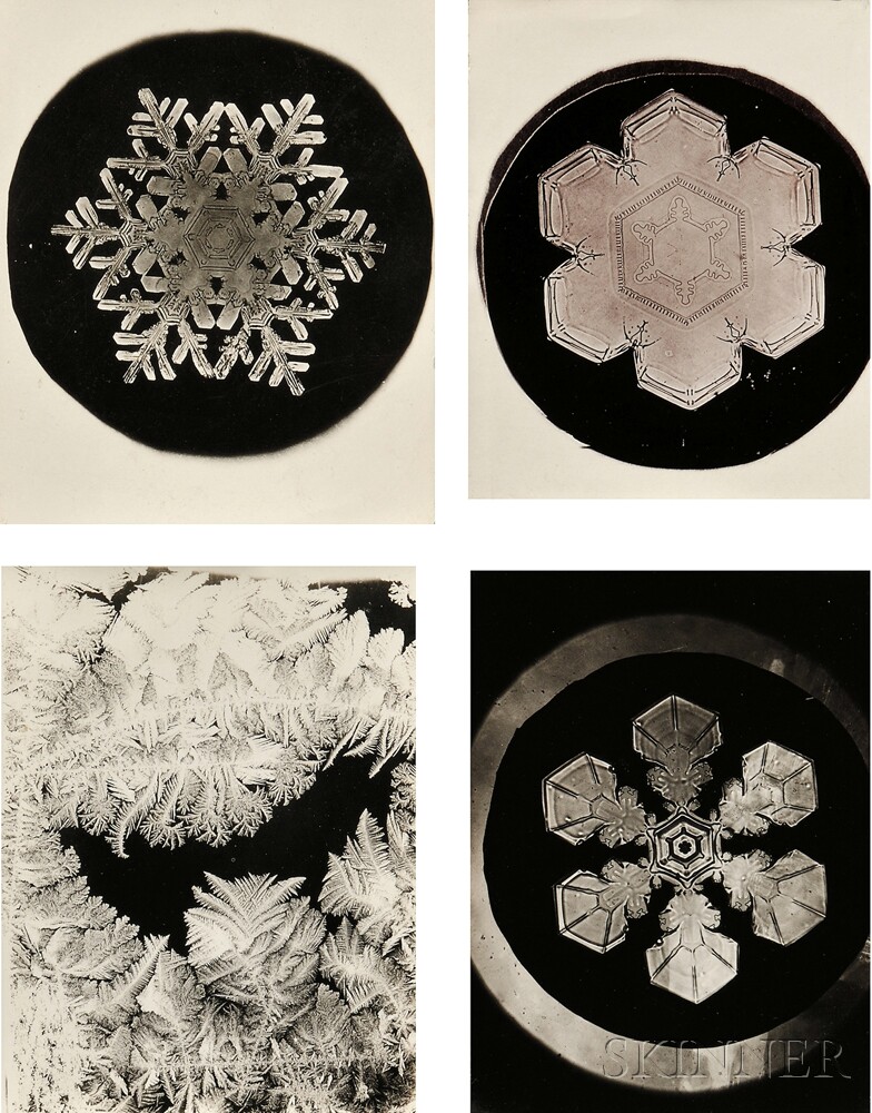 Wilson Alwyn Bentley (American, 1865-1931) Four Photographs: Three of Snowflakes and One of Frost, c. 1885-1931(Lot 133, Estimate: $1,500-2,500)
