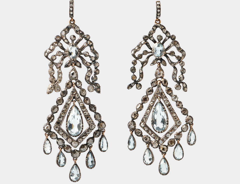 Gold, Silver, Aquamarine, and Diamond Earrings, c. 1785 (Lot 133, Estimate: $4,000-6,000) Gold, Silver, Aquamarine, and Diamond Earrings, c. 1785 (Lot 133, Estimate: $4,000-6,000)