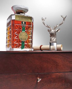 Glenfiddich 25 Year Stag's Head Decanter, Speyside., Official bottling, key locked wooden presentation case, Edinburgh Crystal decanter with accompanying sterling silver stag's head stopper, bottled 1982 (Lot 435, Estimate: $2,500-3,000)