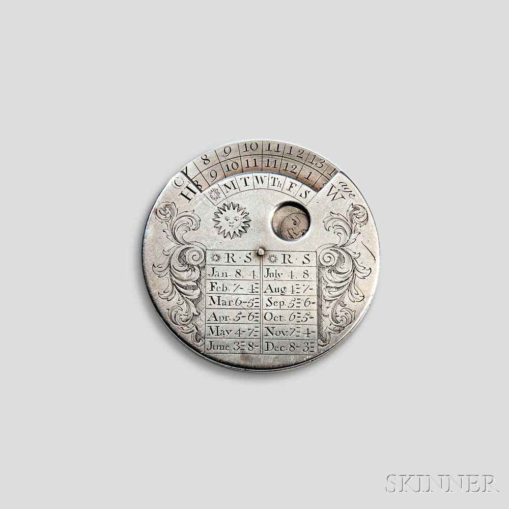 George III Silver Pocket Perpetual Calendar or Almanac, c. 1780 (Lot 961, Estimate:3,000-4,000)
