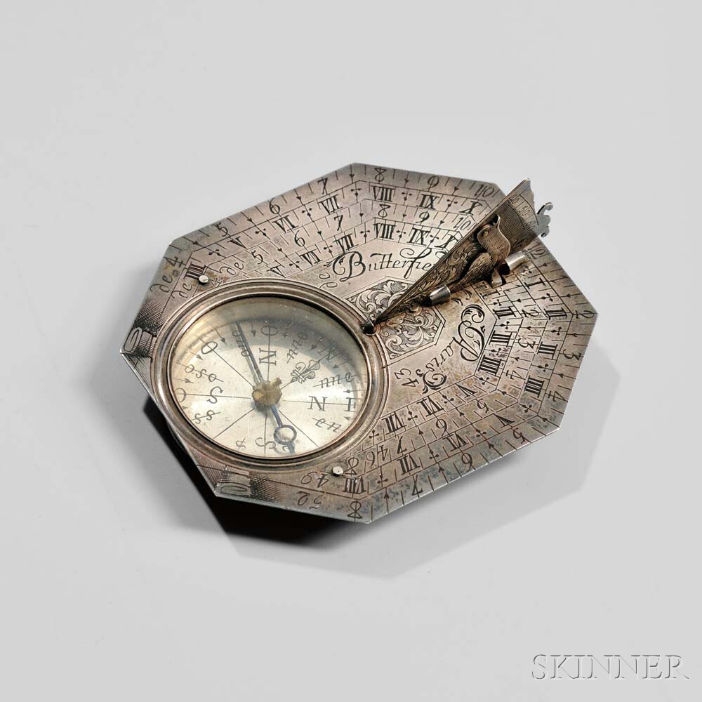 Silver Pocket Sundial by Michael Butterfield, Paris, late 17th century (Lot 958, Estimate: $1,000-1,500)