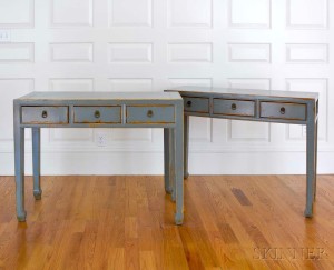 Pair of Four Hands Chinese-style Gray-lacquered Three-drawer Side Tables (Lot 1228, Estimate: $200-300)