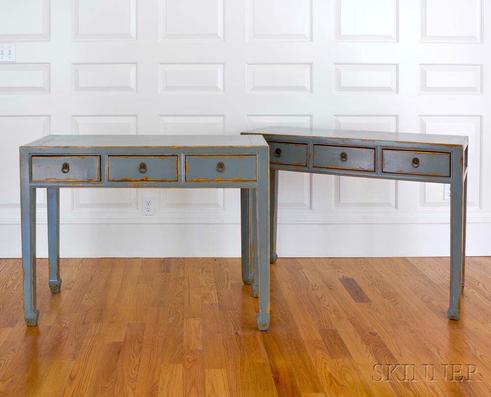 Pair of Four Hands Chinese-style Gray-lacquered Three-drawer Side Tables (Lot 1228, Estimate: $200-300)