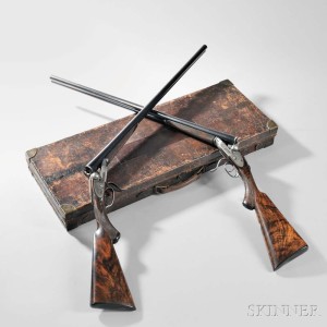 James Woodward & Sons Matched Pair of Sidelock Shotguns in an Oak and Leather Case, c. early 1880s (Lot 39, Estimate: $18,000-22,000)
