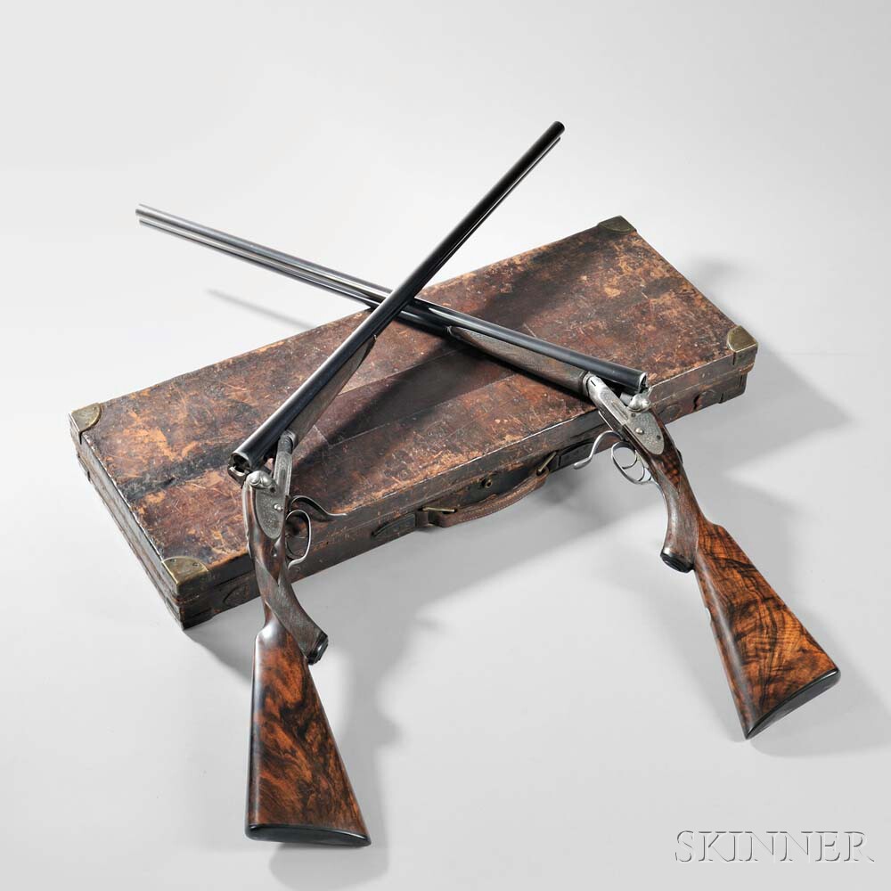 James Woodward & Sons Matched Pair of Sidelock Shotguns in an Oak and Leather Case, c. early 1880s (Lot 39, Estimate: $18,000-22,000)