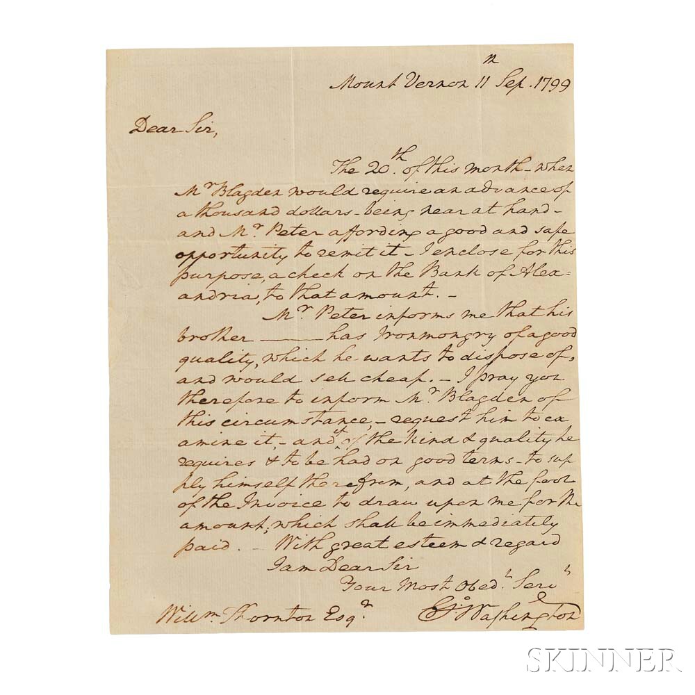 Washington, George (1732-1799) Autograph Letter Signed, Mount Vernon, 11 September 1799 (Lot 36, Estimate: $15,000-20,000)