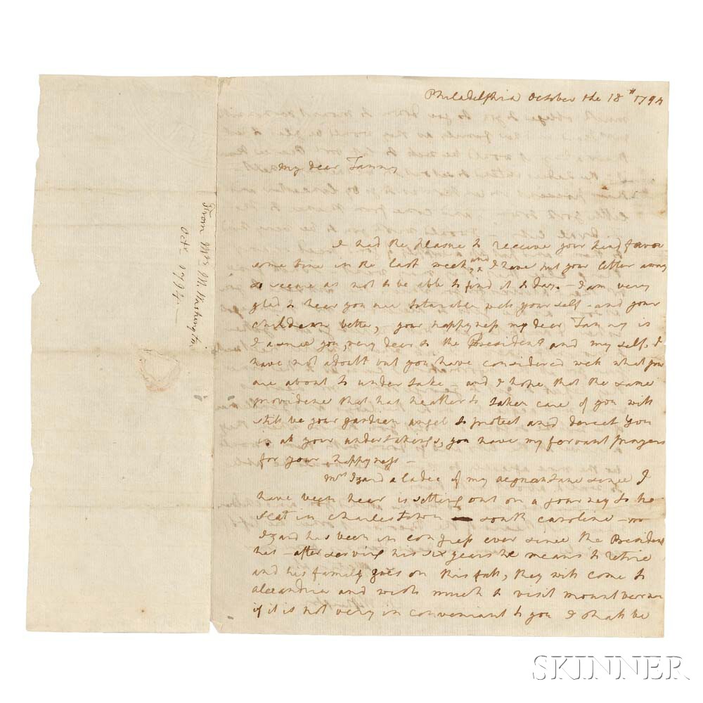 Washington, Martha (1731-1802) Autograph Letter Signed, Philadelphia, 18 October 1794 (Lot 25, Estimate: $15,000-20,000)