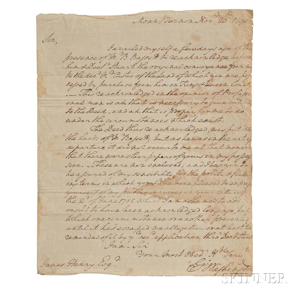 Washington, George (1732-1799) Autograph Letter Signed, Mount Vernon, 20 November 1790 (Lot 20, Estimate: $10,000-15,000)