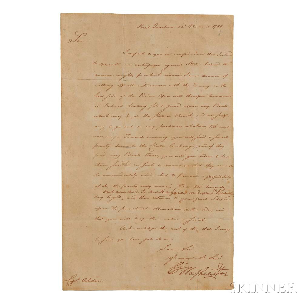 Washington, George (1732-1799) Letter Signed, Headquarters, Passaic Falls, New Jersey, 23 November 1780 (Lot 8, Estimate: $8,000-10,000)