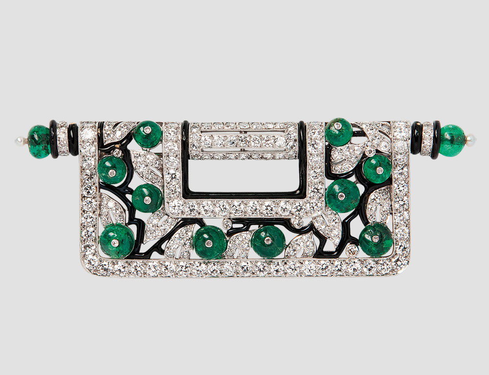 Art Deco Platinum, Diamond, Emerald, and Enamel Brooch, Charlton & Co. (Lot 443, Estimate $15,000-20,000) Art Deco Platinum, Diamond, Emerald, and Enamel Brooch, Charlton & Co. (Lot 443, Estimate $15,000-20,000)