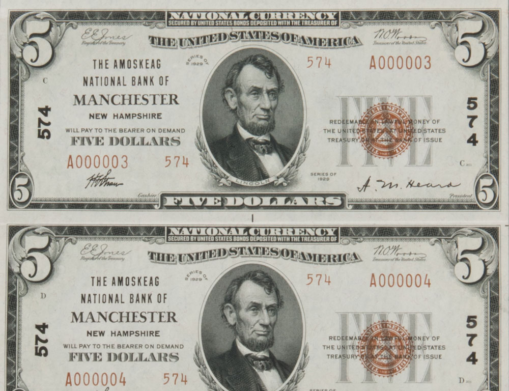 The Amoskeag National Bank Uncut Sheet of 1929 $5 Notes, Manchester, New Hampshire (Estimate: $3,000-5,000) The Amoskeag National Bank Uncut Sheet of 1929 $5 Notes, Manchester, New Hampshire (Estimate: $3,000-5,000)