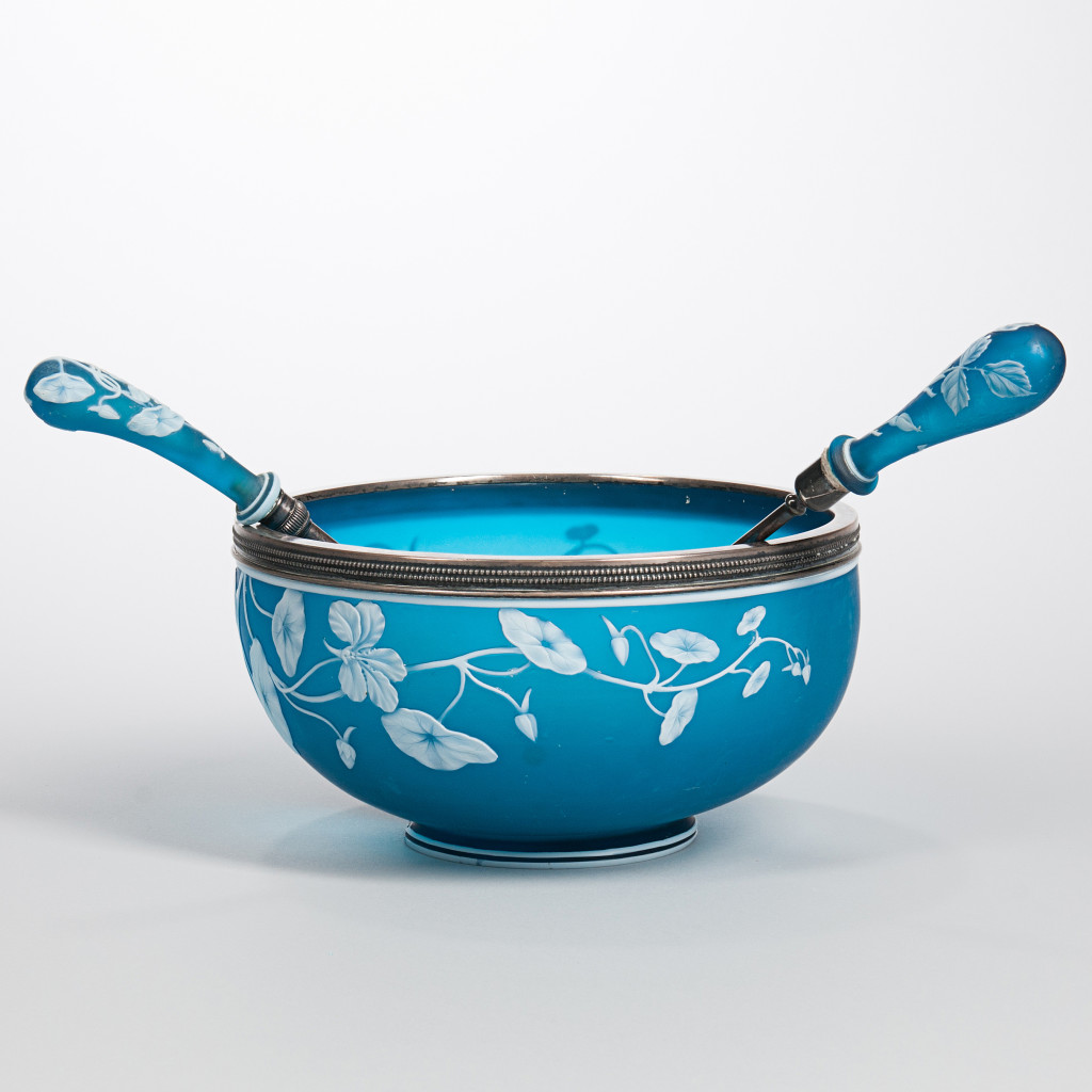 The Party Host - Help your host to set an elegant holiday table with this bright blue salad bowl. Thomas Webb & Sons Blue Cameo Glass Salad Bowl and Two Gorham Sterling-mounted Servers, Lot 2234