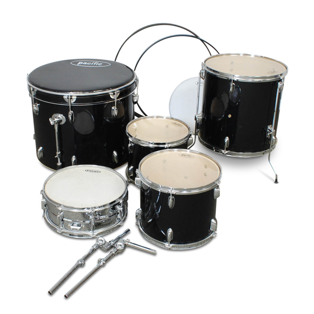 The Kids Treat the children and the neighbors to percussion practice sessions with this Pacific Five-piece Drum Set including snare, bass drum, floor tom, and two tom-toms 1874