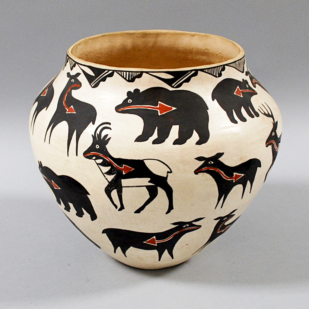 The Animal Lover- Acoma Pictorial Pottery Jar, Lot 1702- Whether it's bears, antelope, or sheep, this graphic jar captures a breadth of wildlife that you can have safely in your own home.