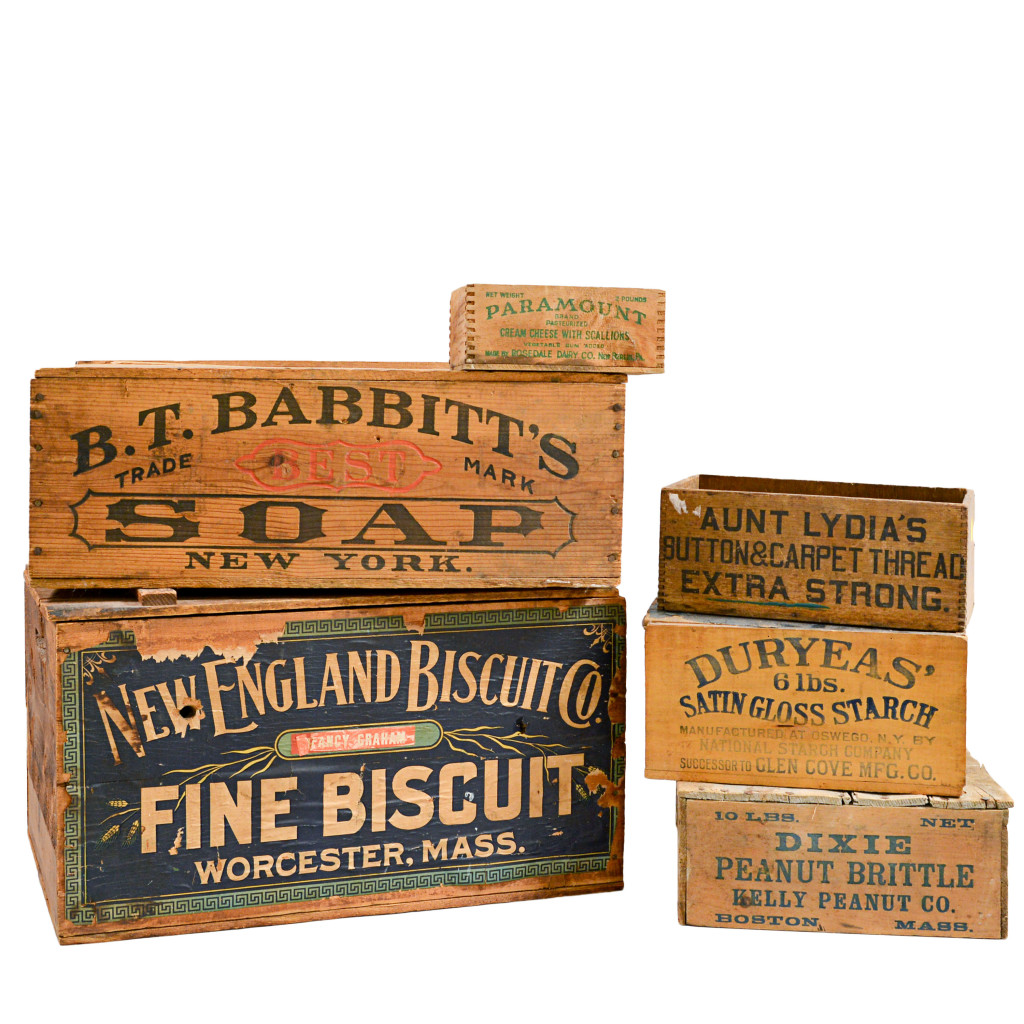 The Interior Decorator - Six Early 20th Century Boxes, Lot 1995 - As functional items with early paper labels and New York and Massachusetts history, these boxes will appeal to anybody with an apartment equipped with exposed beams and brick walls.