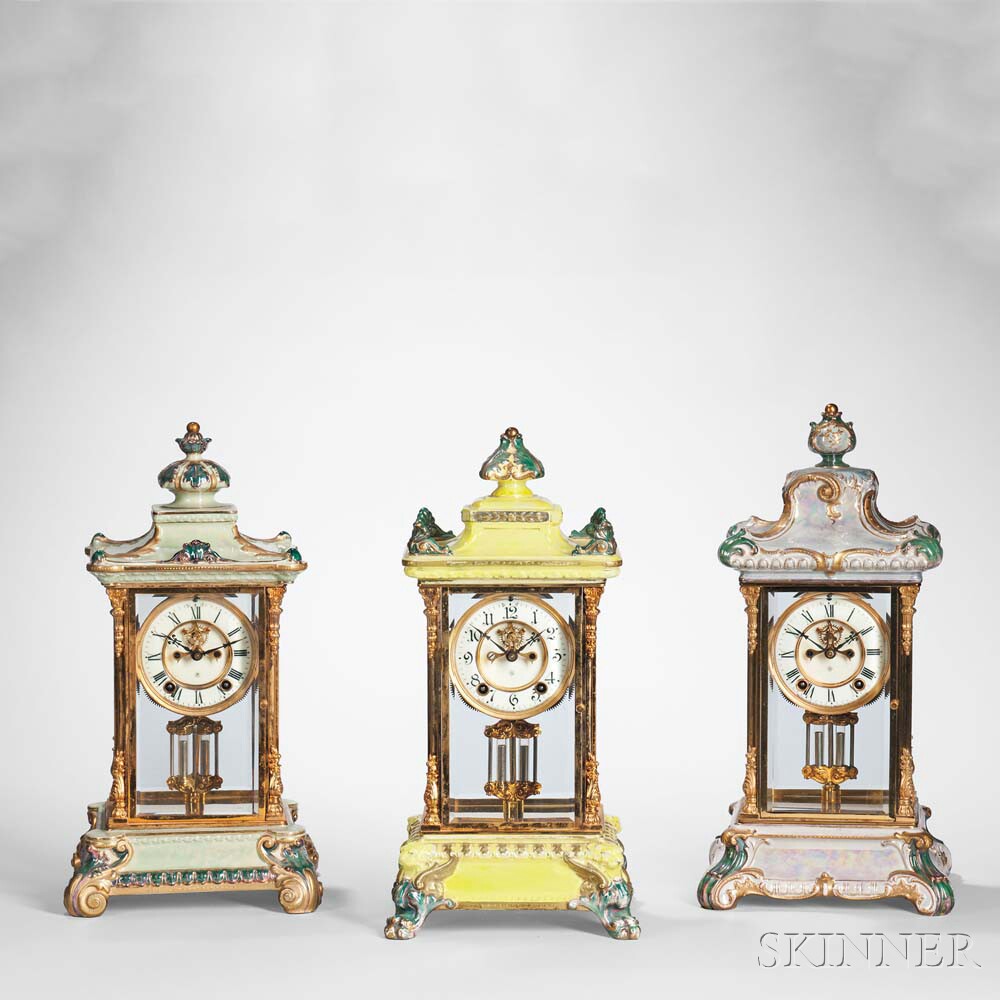 Royal Bonn Porcelain Ansonia Mantel Clocks, early 20th century (Lots 395, 396, 397, Estimate: $1,000-1,500)