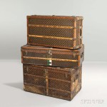 Louis Vuitton Steamer Trunk, France, early 20th century (Lot 378, Estimate: $3,000-5,000) Louis Vuitton Upright Wardrobe, France, early 20th century (Lot 376, Estimate: $3,000-5,000) Louis Vuitton Steamer Trunk, France, early 20th century (Lot 377, Estimate: $2,000-4,000)