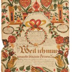Watercolor and Pen and Ink Fraktur for Elisabeth Burger (b. 1824), attributed to George Gottfried Ephraim Burger (Hempfield Township, Westmoreland County, Pennsylvania, 1790-1861 (Lot 359, Estimate: $6,000-8,000)