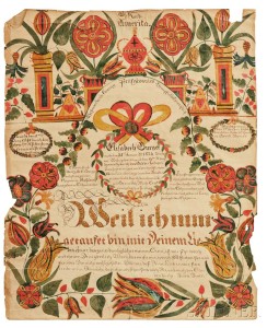 Watercolor and Pen and Ink Fraktur for Elisabeth Burger (b. 1824), attributed to George Gottfried Ephraim Burger (Hempfield Township, Westmoreland County, Pennsylvania, 1790-1861 (Lot 359, Estimate: $6,000-8,000)
