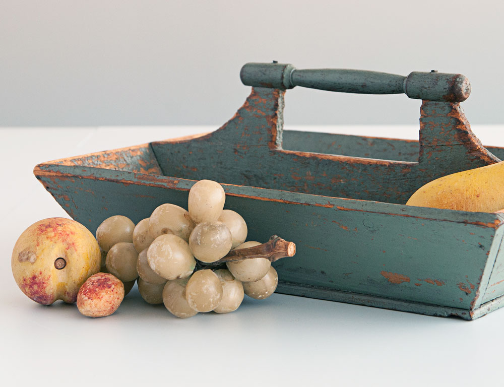 Carved and Turned Blue-painted Knife Box and Five Pieces of Stone Fruit (Lot 82, $300-500) Carved and Turned Blue-painted Knife Box and Five Pieces of Stone Fruit (Lot 82, $300-500)