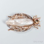 14kt Gold, Diamond, Baroque Pearl, and Ruby Beetle Brooch (Lot 1013, Estimate: $800-1,200)